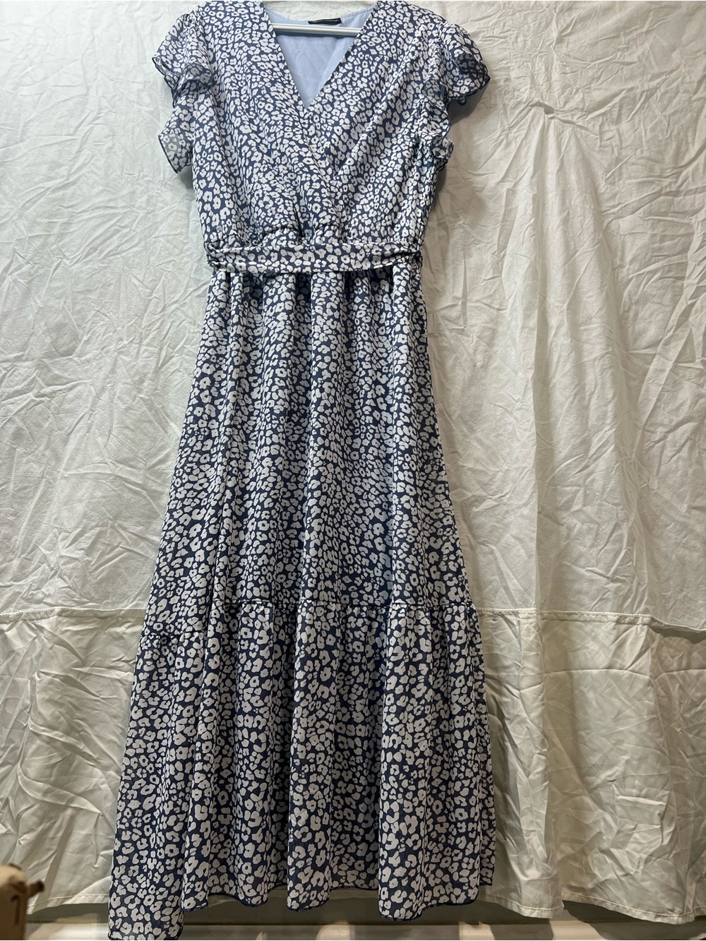 Prettygarden Blue White Leopard Print Wrap Maxi Dress V-Neck Belted Ruffle Hem